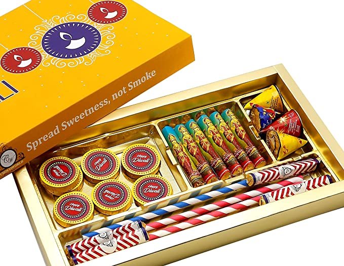 Diwali gift box with sweets and crackers